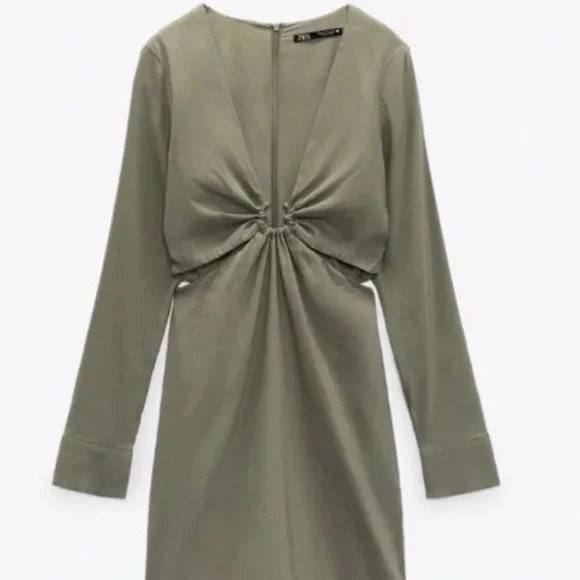 Zara Army Green Linen Blend Dress with Cutouts - Picture 4 of 7
